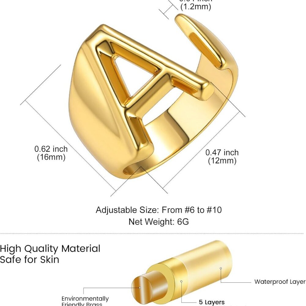 Adjustable Gold Initial Ring Statement Jewelry Wo… - image 8